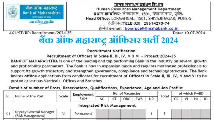 Bank of Marahastra Recruitment 2024: आवेदन जमा कराने की आखिरी तारीख 26 जुलाई है।