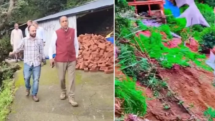 मंडी के सराज में आपदा के बाद अपने गांव पहुंचे पूर्व सीएम जयराम ठाकुर व क्षतिग्रस्त मकान का हिस्सा।