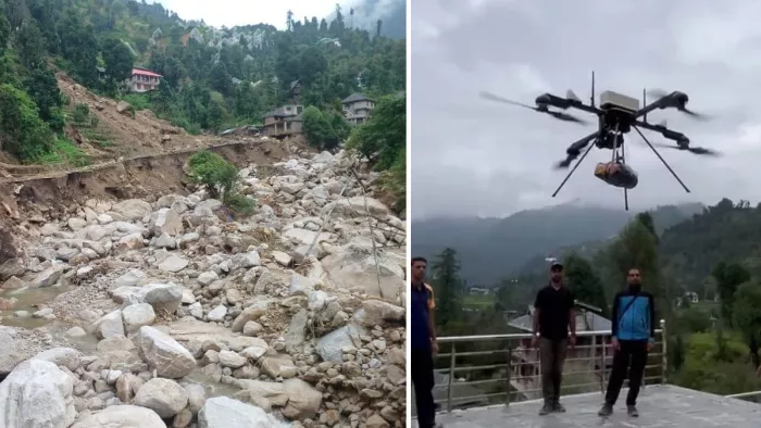 सराज में बादल फटने से बही सड़क व ड्रोन से दवाएं भेजते एसडीआरएफ जवान।