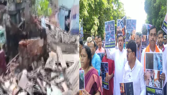 मोमिनपुर हिंसा में क्षतिग्रस्त घर व दुकान साथ में सुवेंदु अधिकारी विरोध प्रदर्शन करते हुए। जागरण फोटो।