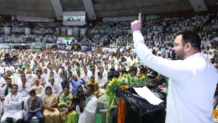 दिल्ली में राजद की राष्ट्रीय कार्यकारिणी की बैठक को संबोधित करते तेजस्वी यादव। साभारः ट्विटर।