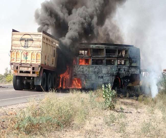 five killed many injured in a collision between a passenger bus and a truck in rajasthan barmer