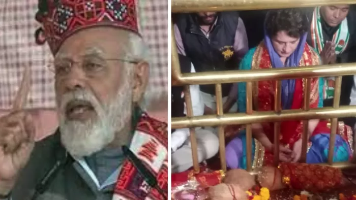 प्रधानमंत्री नरेन्द्र मोदी हिमाचली टोपी पहन रैली को संबोधित करते व ज्वालाजी मंदिर में पूजा करती प्रियंका गांधी।