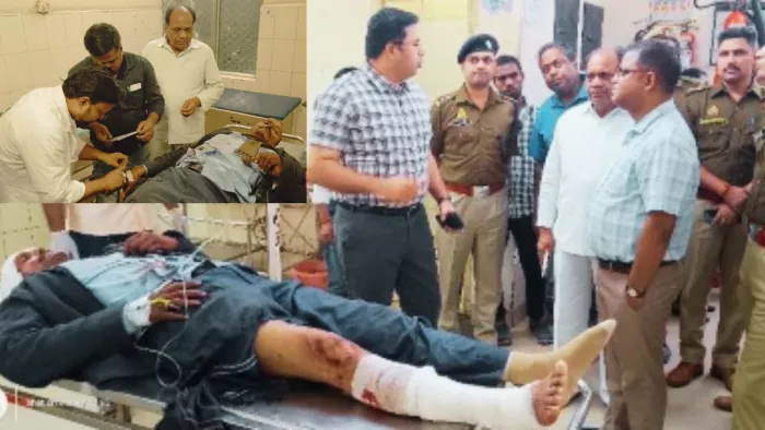 जिला अस्पताल में घायल का उपचार करते चिकित्सक व पूछताछ करते डीएम व एसएसपी। -जागरण