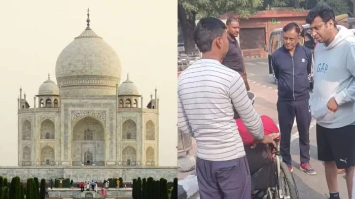 ताजमहल पूर्वी गेट में व्यवस्थाओं की जानकारी के बाद दिव्यांगजन से बात करते डीएम अरविंद मल्लप्पा बंगारी। सौ. सूचना