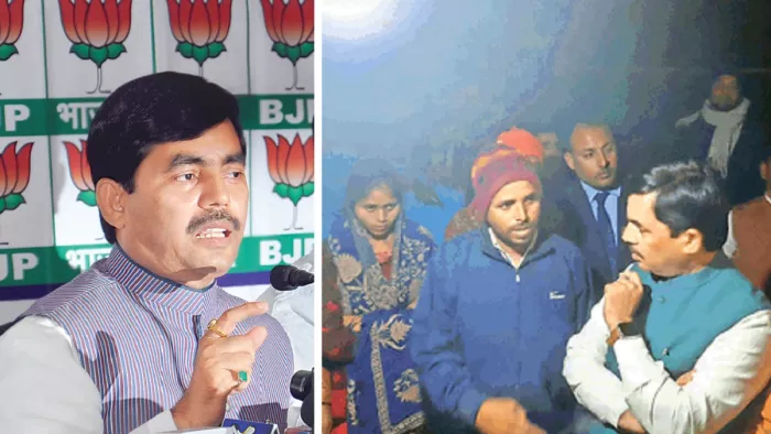 मृतका नीलम देवी के स्वजन से मिलते शाहनवाज हुसैन l