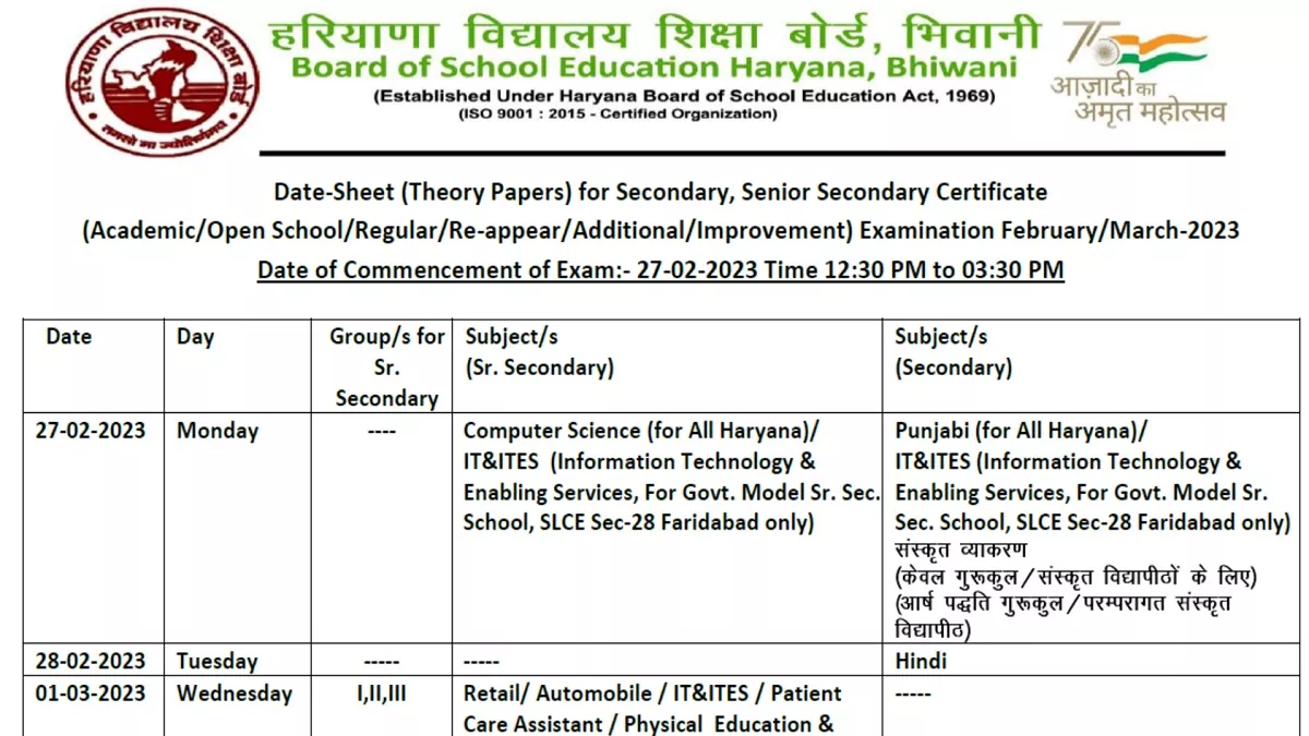 HBSE Date Sheet 2023 हरियाणा बोर्ड मैट्रिक और इंटर की परीक्षा डेटशीट