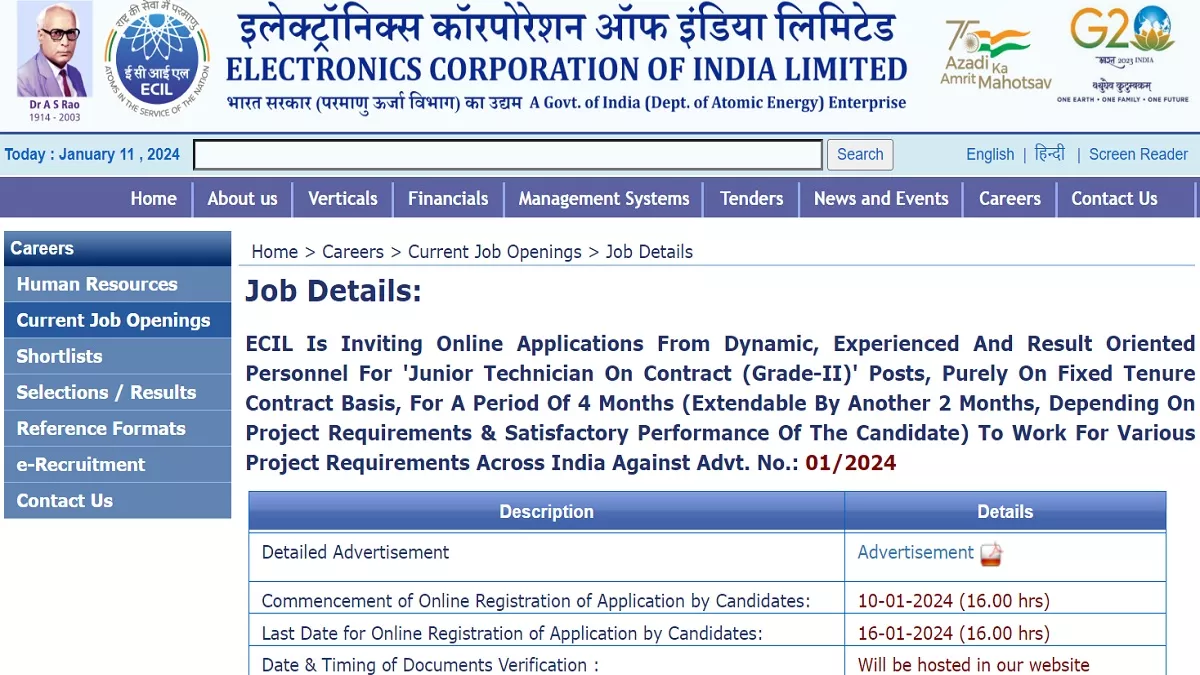 ECIL Recruitment 2024: ईसीआईएल में जूनियर टेक्नीशियन के 1100 पदों पर निकली  भर्ती, 16 जनवरी तक भर सकते हैं फॉर्म - ECIL Recruitment 2024: Vacancy for  1100 posts of Junior Technician in