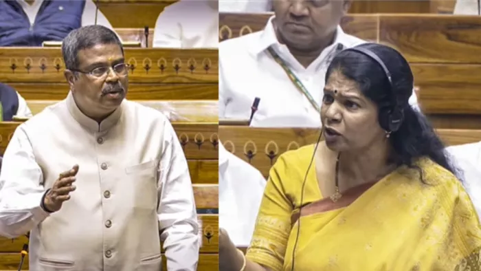 शिक्षा मंत्री धर्मेंद्र प्रधान और डीएमके सांसद कनिमोझी (फोटो सोर्स- संसद टीवी)