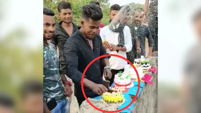 जन्मदिन पर पिस्टल से केक काटता युवक और साथ में उसके दोस्त। जागरण