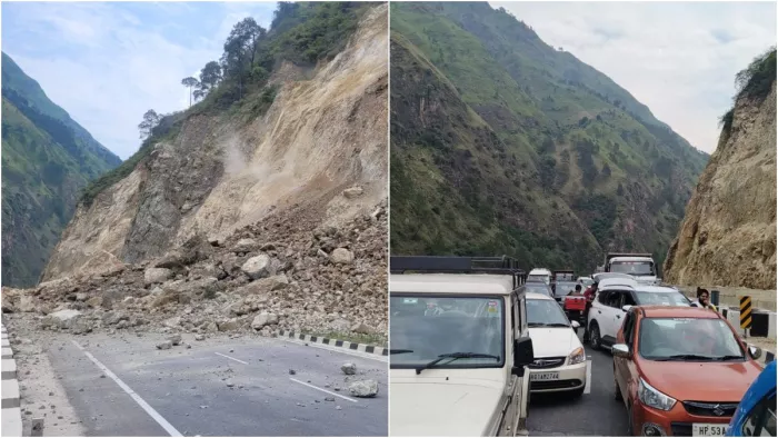 मनाली-चंडीगढ़ हाईवे पर बनाला के पास भूस्खलन, फोरलेन पर लगा लंबा जाम
