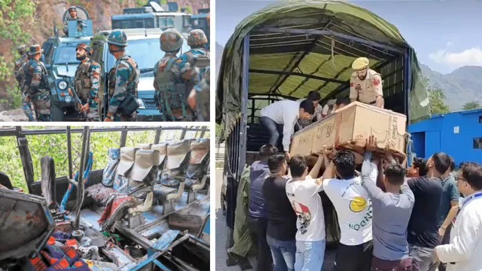 जम्मू-कश्मीर के रियासी में हमले के बाद क्षतिग्रस्त बस, निगरानी करती सेना व शवों को वाहनों मे रखते जवान