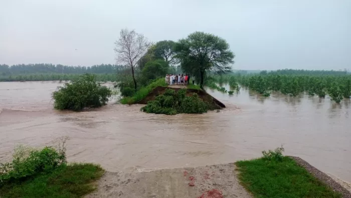 तमशाबाद व पत्थरगढ़ गांव के बीच टूटा यमुना नदी का तटबंध
