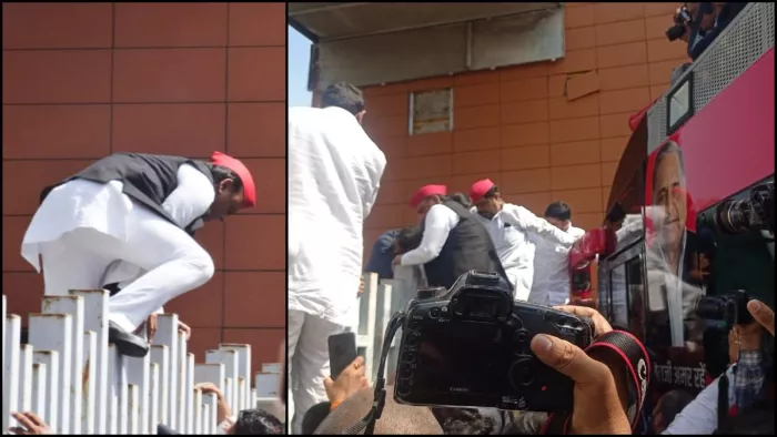 अखिलेश यादव गेट पर चढ़कर JPNIC परिसर में दाखिल हुए थे। जागरण