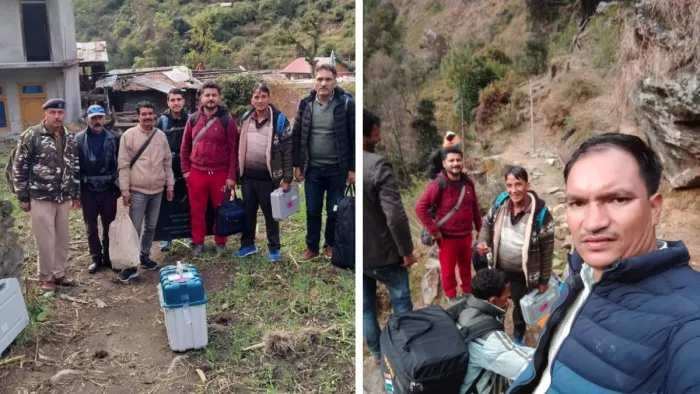 जिला कुल्लू के रशोल मतदान केंद्र पर पहुंची पोलिंग पार्टी।