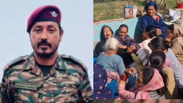 बलिदानी कमांडो नायब सूबेदार राकेश कुमार के घर बाहर शोकाकुल स्वजन व ग्रामीण।