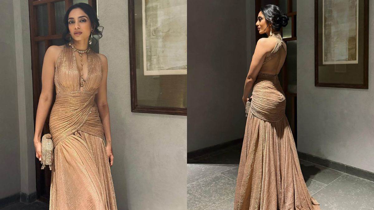 sobhita dhulipala stuns in tarun tahilianis golden gown at cocktail party check her glamorous look pics here