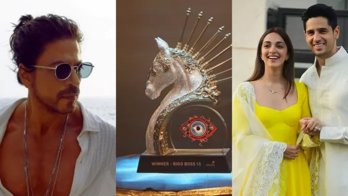File Photo of Shah Rukh Khan, Bigg Boss Trophy, Kiara Advani and Sidharth Malhotra