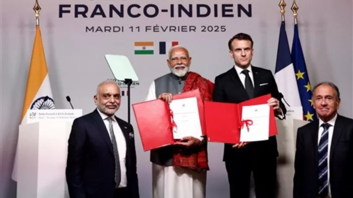 पीएम मोदी ने राष्ट्रपति मैक्रो के साथ एआई समिट की सह-अध्यक्षता की। फोटो: REUTERS