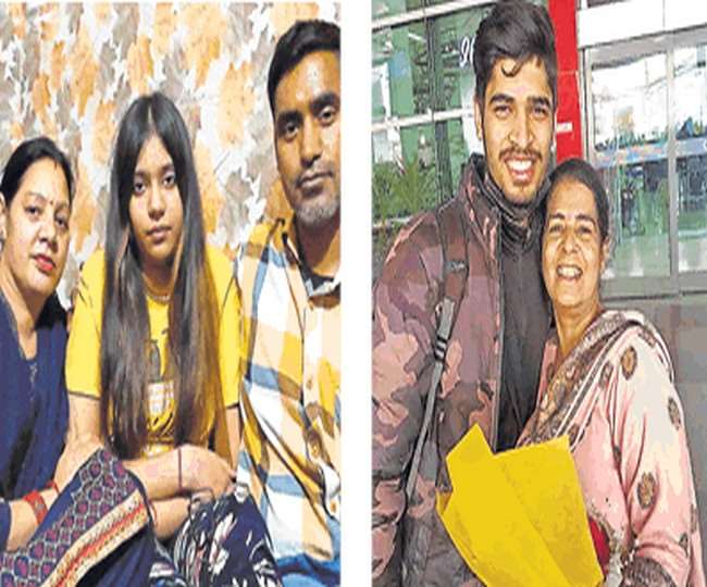 सूमी से लौटी मानसी पिता राजिंदर और माता मीना के साथ (दाएं) लक्ष्य मां के साथ। सौ. स्वजन