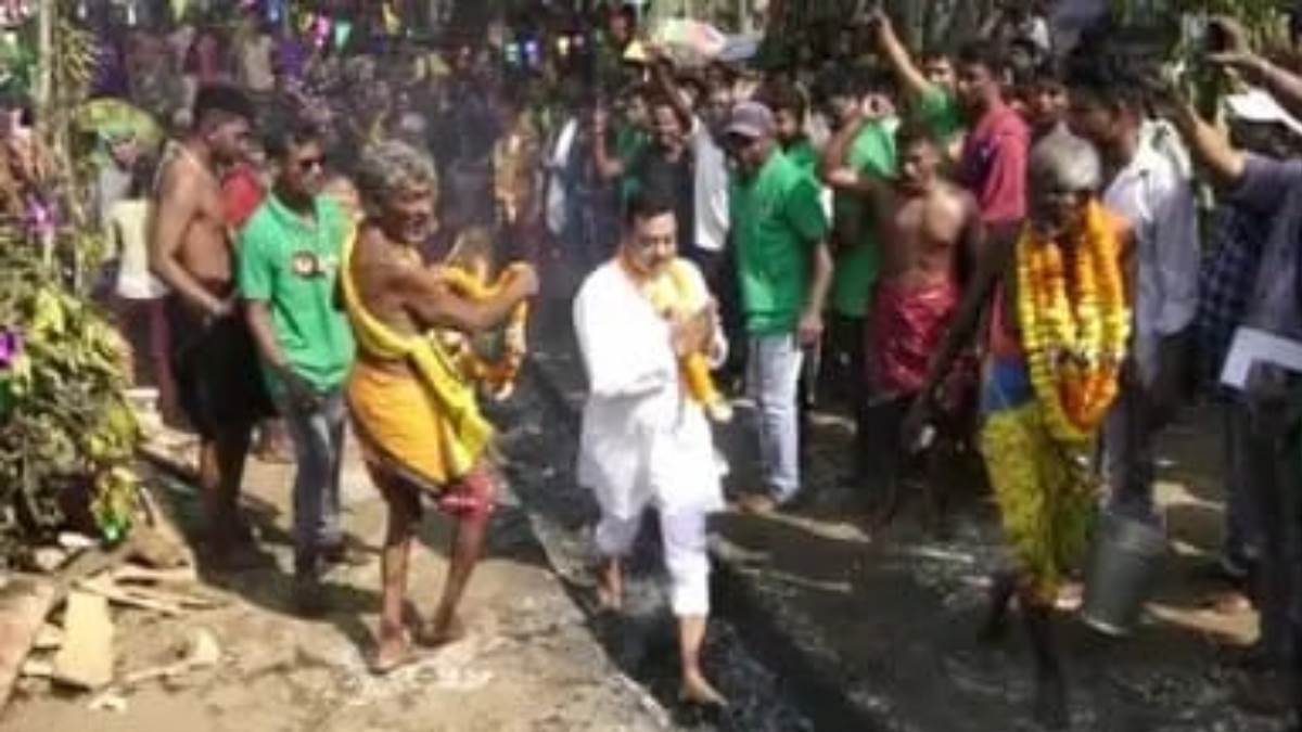 bjp leader sambit patra walks on fire at jhamu jatra in odisha puri