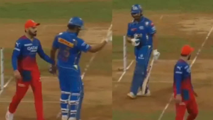 MI vs RCB: कोहली ने लिए रोहित से मजे।