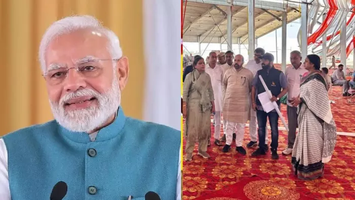 पीएम मोदी के कार्यक्रम की तैयारियों का जायजा लेते अधिकारी।
