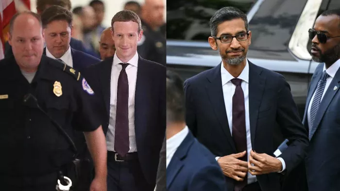 मेटा के सीईओ मार्क जुकरबर्ग और अल्फाबेट के सीईओ सुंदर पिचाई। फाइल फोटो