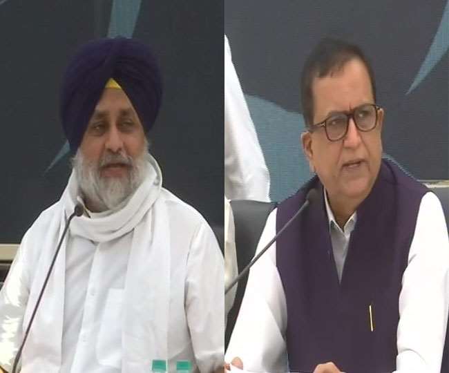 शिअद के अध्&zwj;यक्ष सुखबीर सिंह बादल और बसपा नेता सतीश मिश्रा चंडीगढ़ में पत्रकारों से बात करते हुए। (एएनआइ)