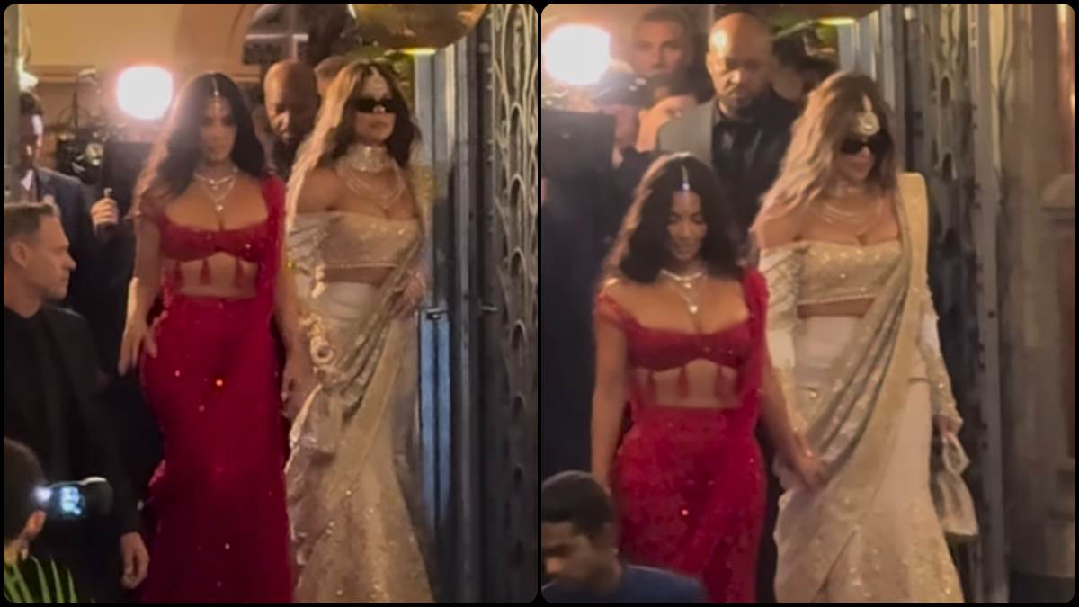 kim and khloe kardashian look elegant in ethnic wear at anant ambani radhika merchant wedding