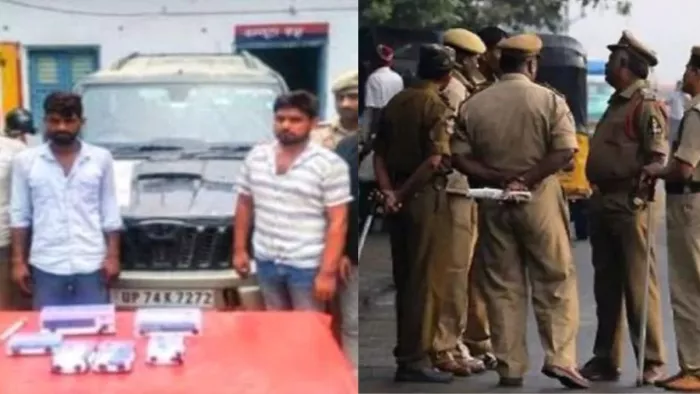 पुलिस के कब्जे में काले रंग की स्कॉर्पियो और बदमाश।