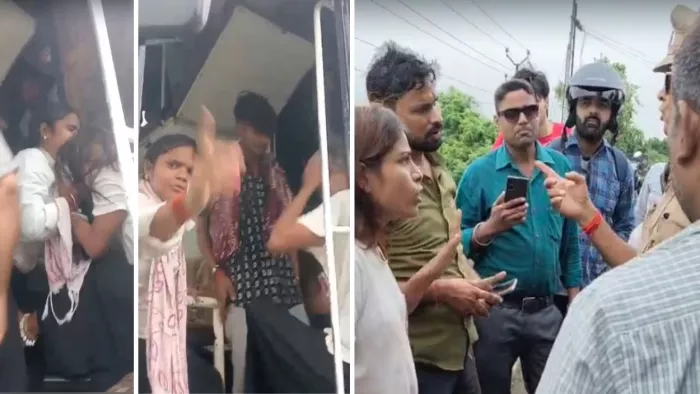 बस में युवती और महिला के बीच मारपीट के वीडियो से ली गई तस्वीर। वीडियो ग्रैब