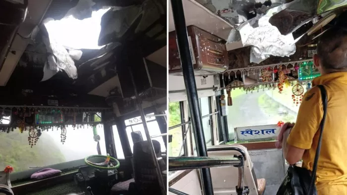 चंबा के चुराह में निजी बस पर गिरी चट्टान।