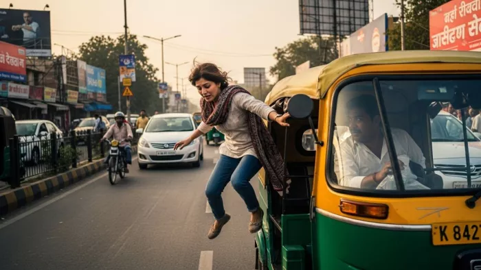 हिम्मत दिखकर महिला चलते ऑटो से कूद गई और पुलिस की शिकायत। फोटो- एआई जनरेटेड