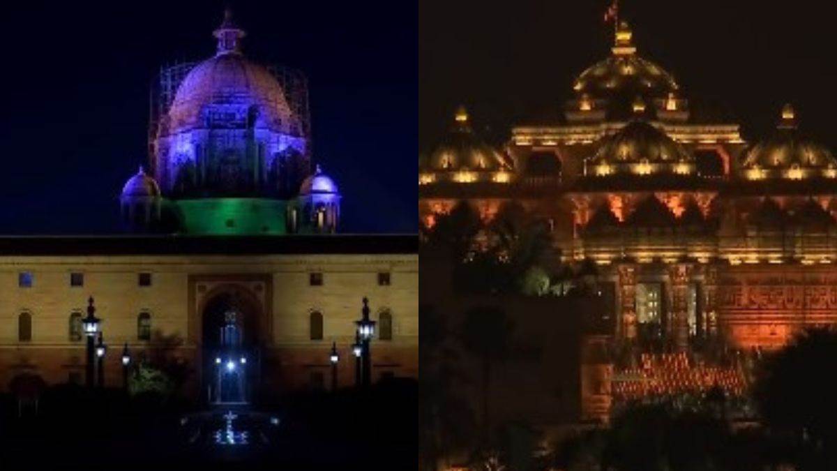 ncr diwali photo rashtrapati bhavan india gate parliament and delhi akshardham temple illuminated in colorful lights