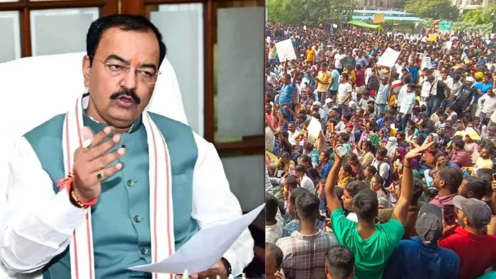 डिप्टी सीएम केशव प्रसाद मौर्य (फाइल फोटो), प्रयागराज में लोक सेवा आयोग के बाहर प्रदर्शन करते अभ्यर्थी।