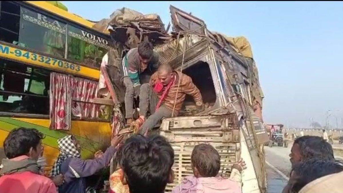 tourist bus collided with overloaded truck on nh 19 two died including driver in kudra