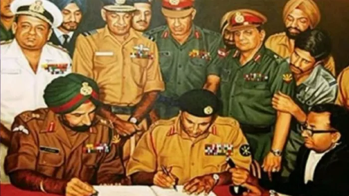 16 दिसंबर 1971 को भारतीय सेना के सामने आत्मसमर्पण करते पाकिस्तानी सेना के जनरल।