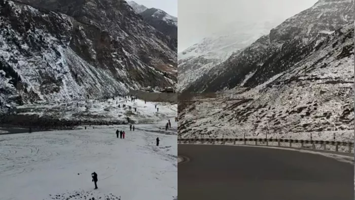लाहुल-स्पीति के पर्यटन स्थल सिस्सू में बर्फ के बीच चहलकदमी करते पर्यटक।