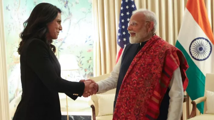 PM Modi ने वॉशिंगटन में अमेरिकी राष्ट्रीय खुफिया निदेशक Tulsi Gabbard से मुलाकात की।(फोटो सोर्स: पीएम मोदी X हैंडल)