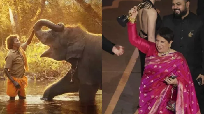 Still Image of The Elephant Whispers (Left) and Guneet Monga (Right)