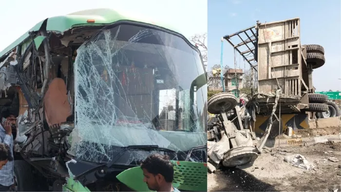 मिलक में सड़क हादसे के बाद क्षतिग्रस्त बस और ट्रॉली। जागरण