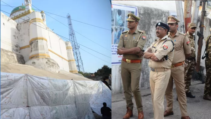 संभल में पुलिस प्रशासन ने जामा मस्जिद की दीवार को तिरपाल से ढका।- जागरण