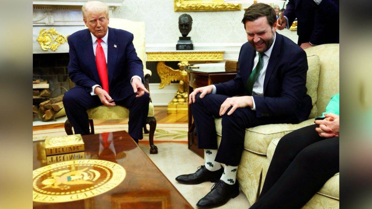 viral video trump teases jd vance during white house meet says he loves vice president socks