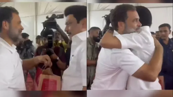 एमके स्टालिन को मैसूर पाक भेंट करते हुए राहुल गांधी (फोटो साभार - सोशल मीडिया)