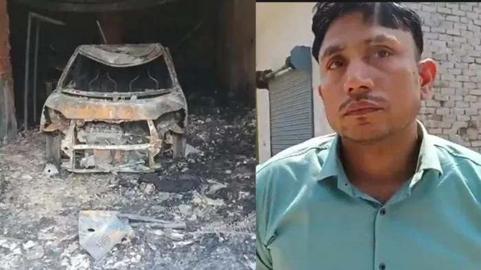 आग में जली शहनवाज गाड़ी व माल