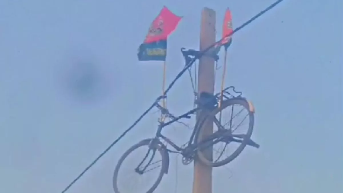 UP News: बिजली के पोल पर कार्यकर्ताओं ने टांगी साइकिल, एक तरफ सपा तो दूसरी तरफ भाजपा का झंडा