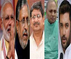 पीएम मोदी, सुशील मोदी, ललन सिंह, आरसीपी सिंह एवं चिराग पासवान। फाइल तस्&zwj;वीरें।