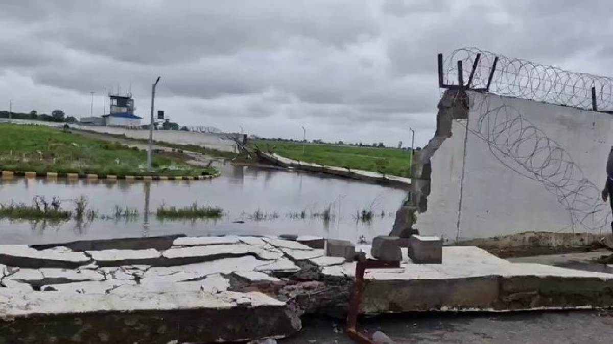 madhya pradesh rewa airport boundary wall collapses video after heavy rain congress react 500 crore project failure