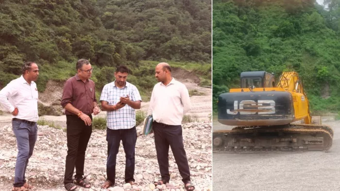 सुजानपुर में अवैध खनन पर कार्रवाई करती टीम व जब्त मशीनरी।